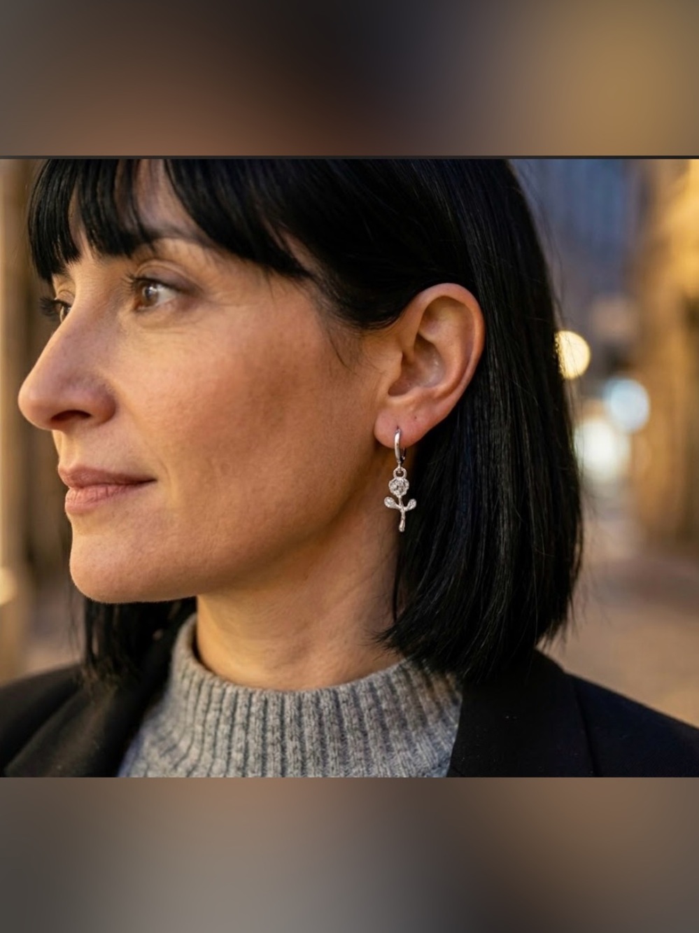 Faux Silver Rose Dangle Hoop Earrings - Women Jewelry